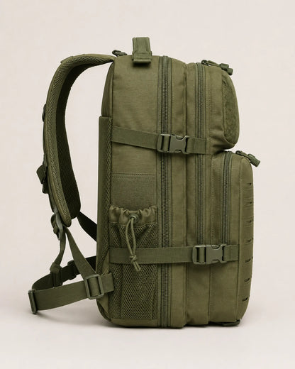 Army green tactical backpack side profile showing layered compartments and padded straps
