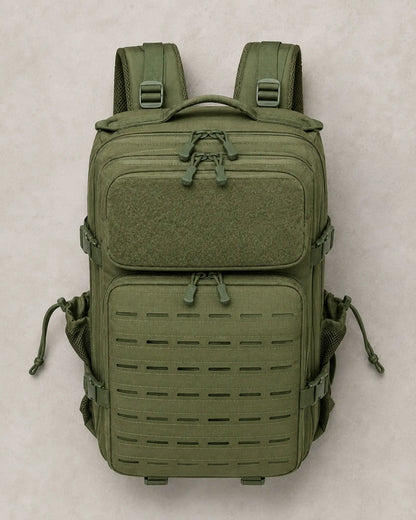 Top view of closed army green tactical backpack with multiple zipper compartments