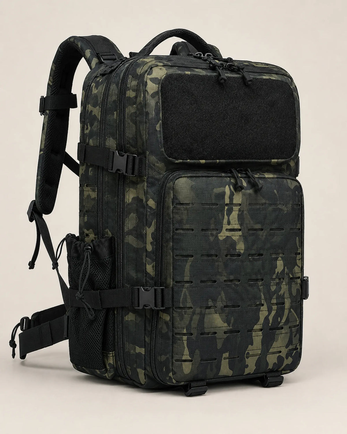 Black CP camouflage tactical backpack angled view showing side mesh pocket and compression straps
