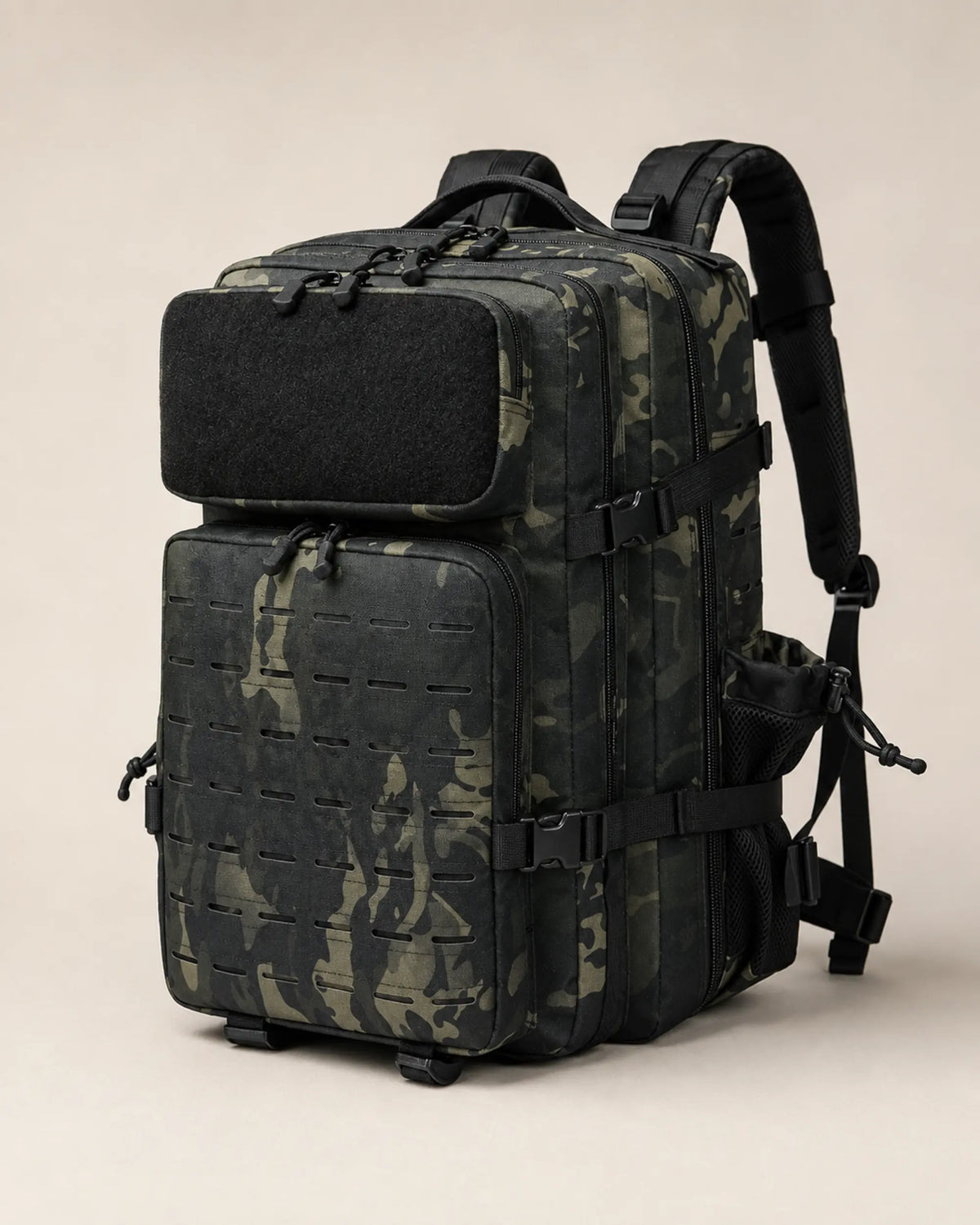 Black CP camouflage laser-cut MOLLE tactical backpack in a front three-quarter studio view