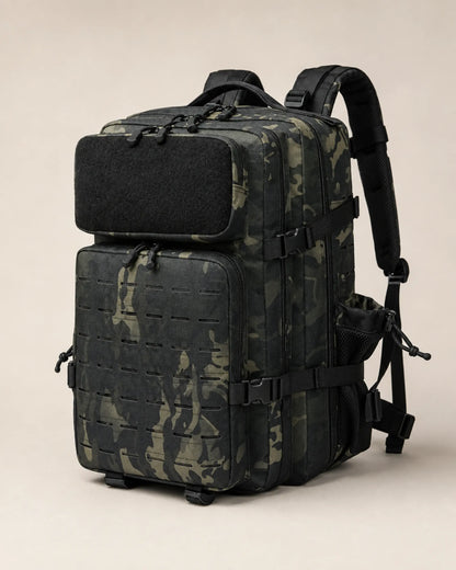 Black CP camouflage laser-cut MOLLE tactical backpack in a front three-quarter studio view