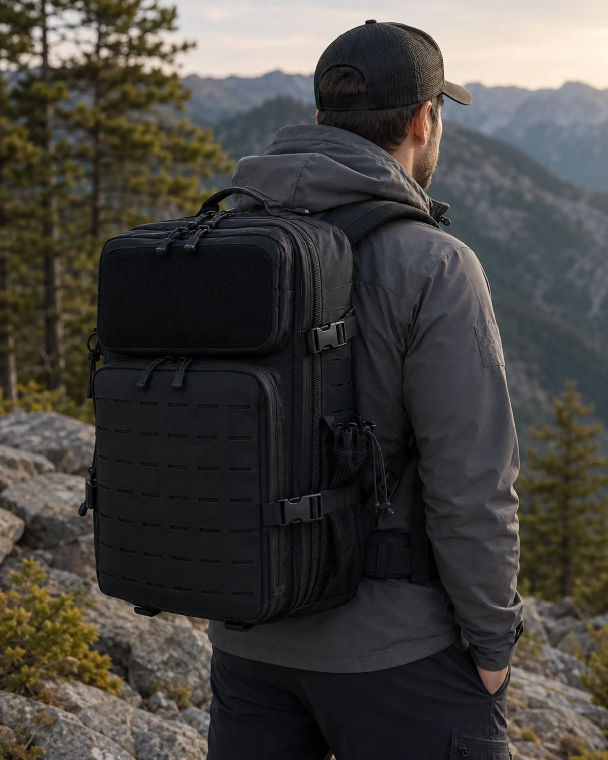 Hiker wearing black laser-cut MOLLE tactical backpack at a mountain overlook