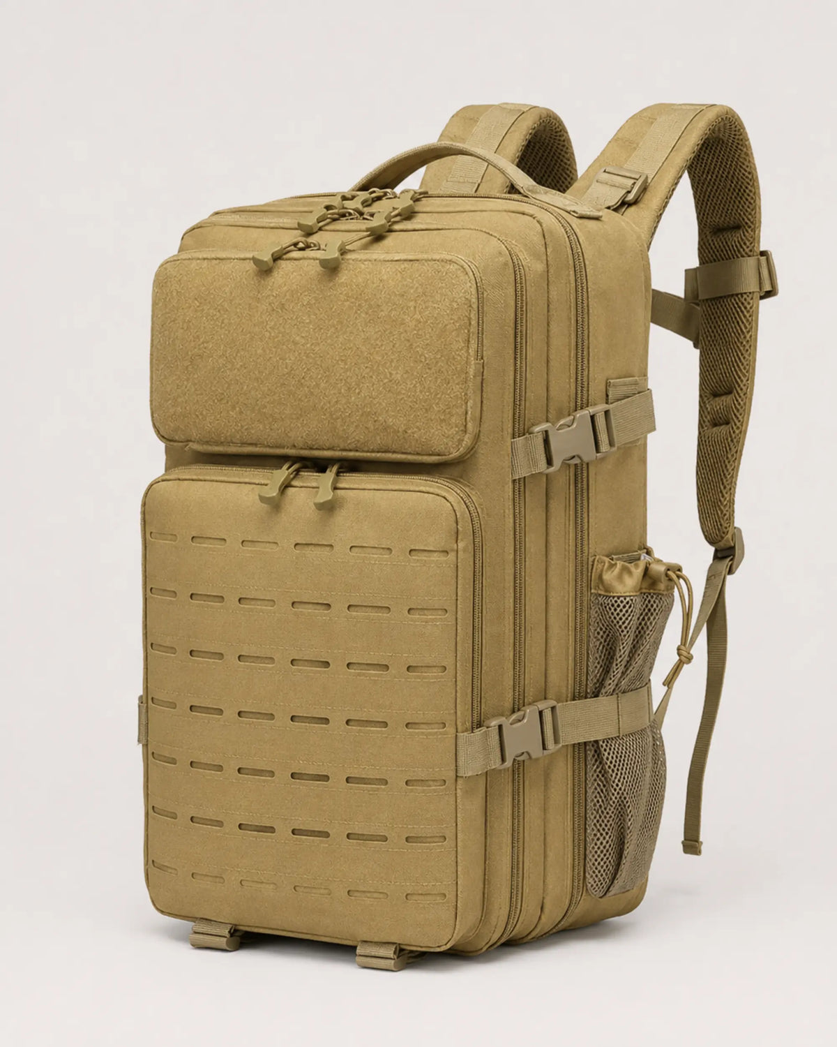 Khaki tactical backpack angled view showing layered compartments and compression straps