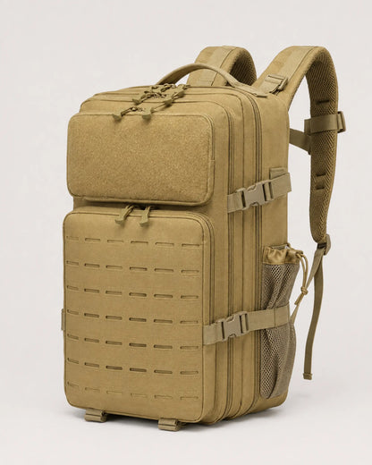 Khaki tactical backpack angled view showing layered compartments and compression straps