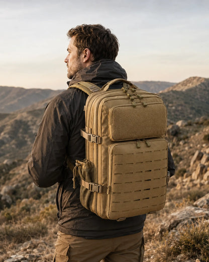 Hiker wearing khaki laser-cut MOLLE tactical backpack on a highland trail
