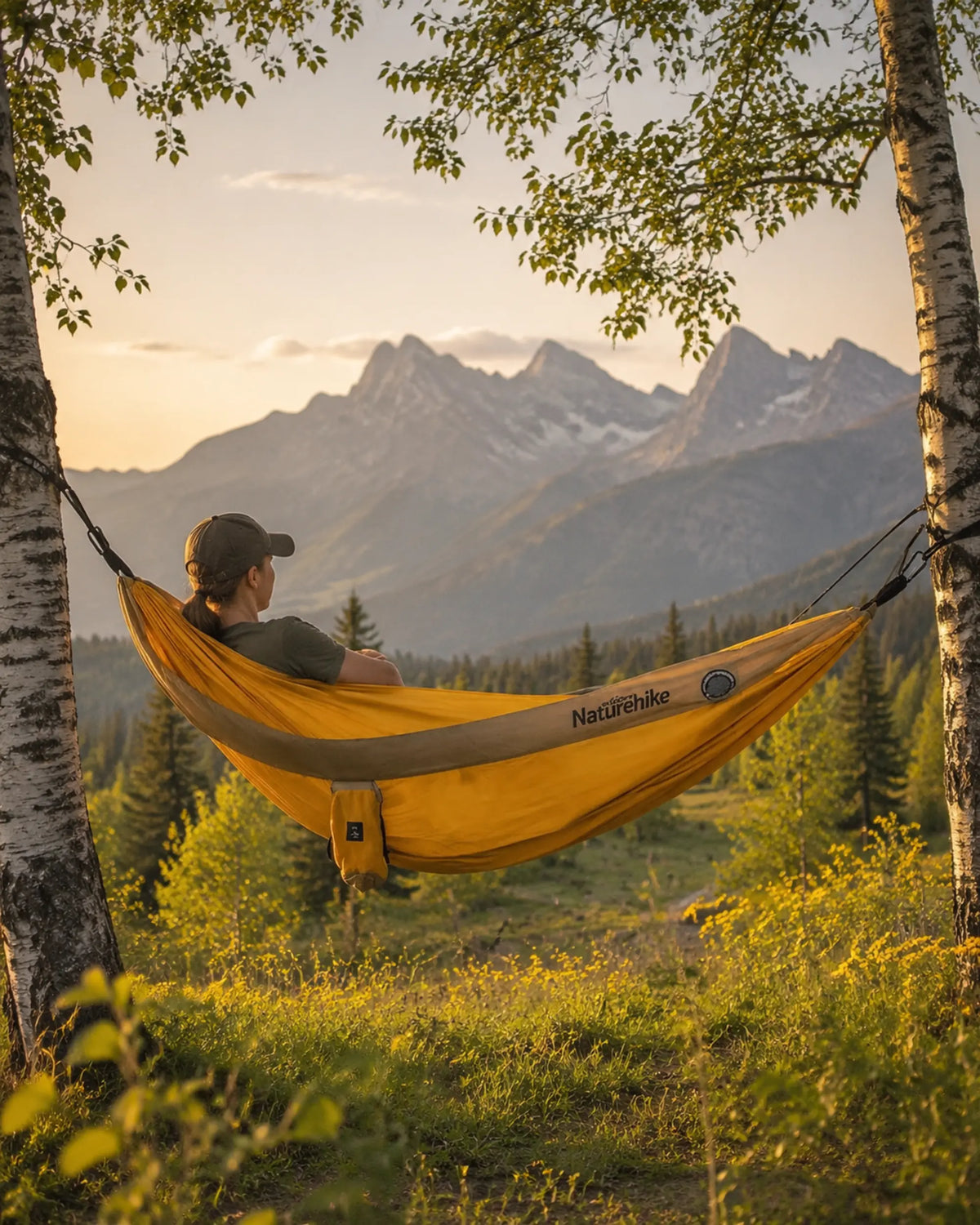 Traveler resting in the yellow double camping hammock in a mountain meadow