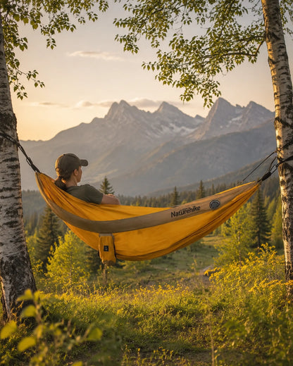 Traveler resting in the yellow double camping hammock in a mountain meadow