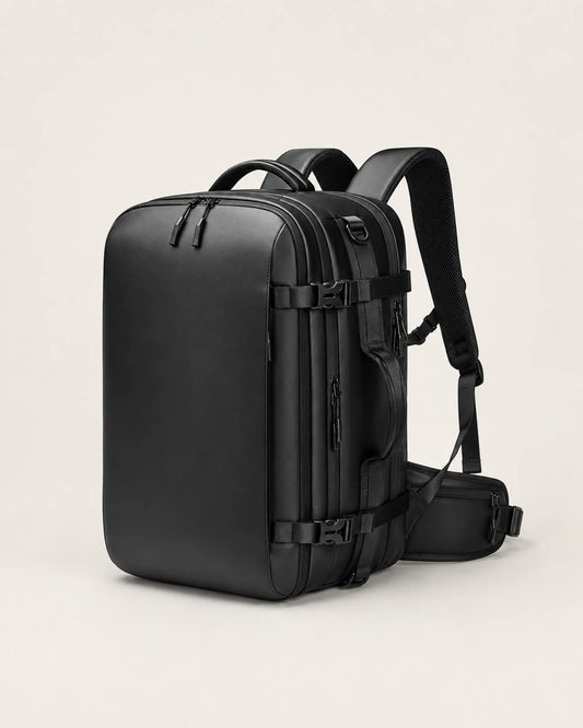Black business travel backpack in a front hero view on a warm grey studio background