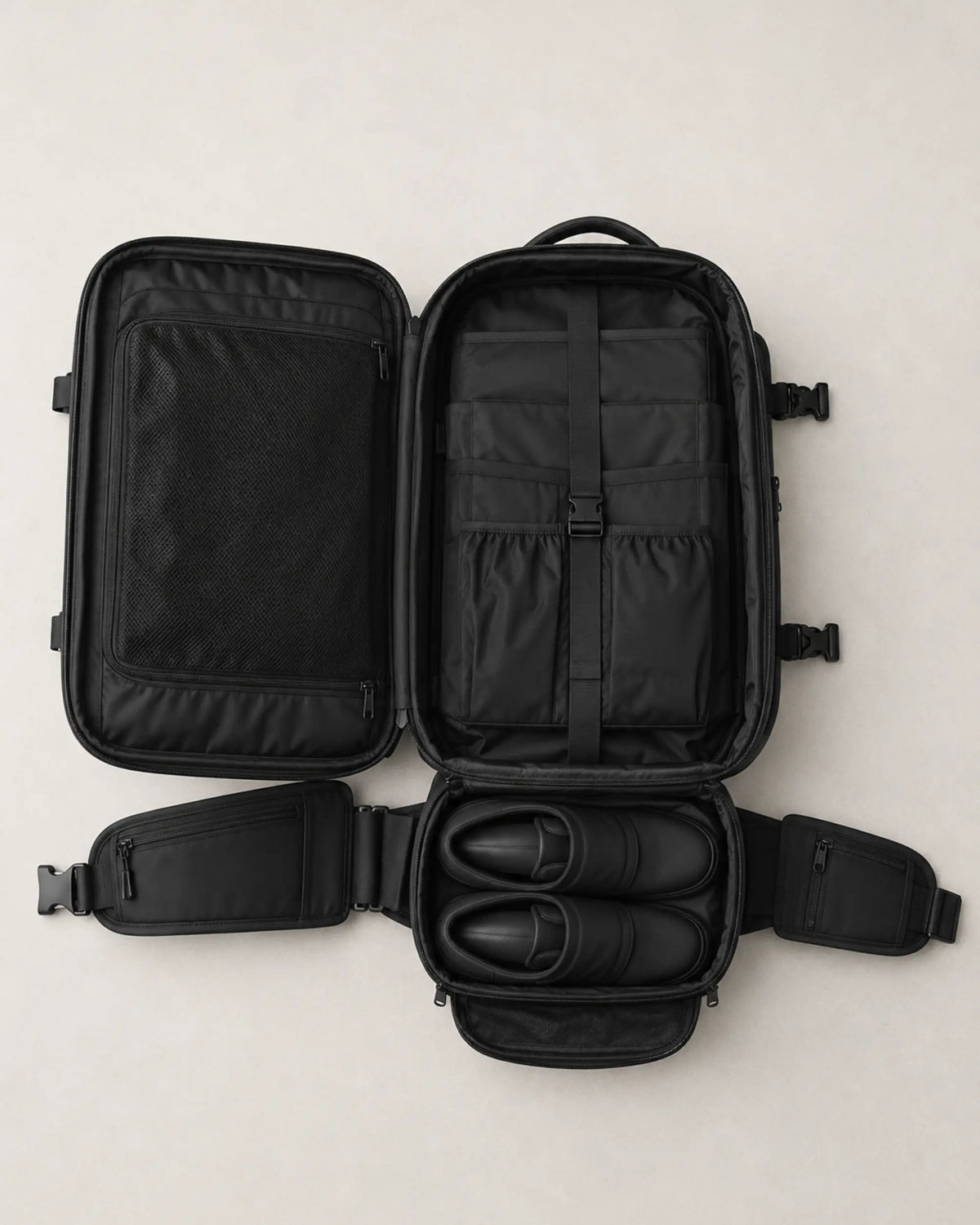 Open black business travel backpack displaying interior compartments and separate shoe storage