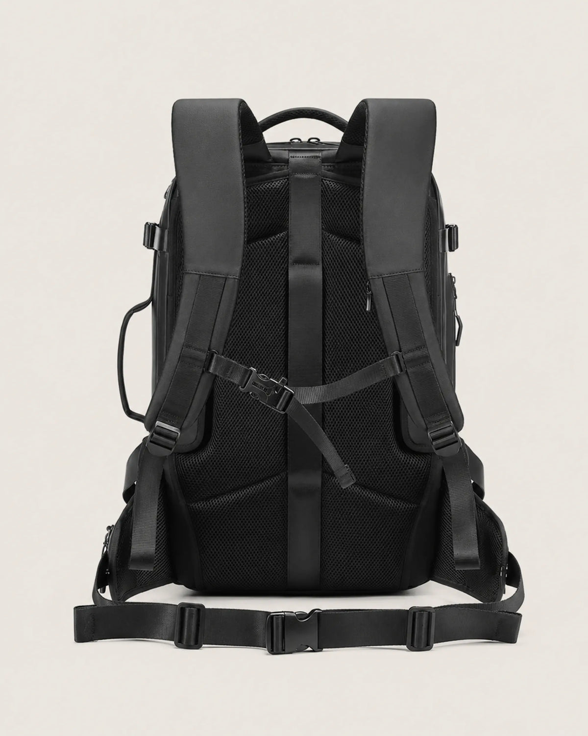 Black business travel backpack rear view with padded shoulder straps and waist belt