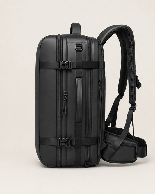 Black business travel backpack side profile showing layered compartments and buckles