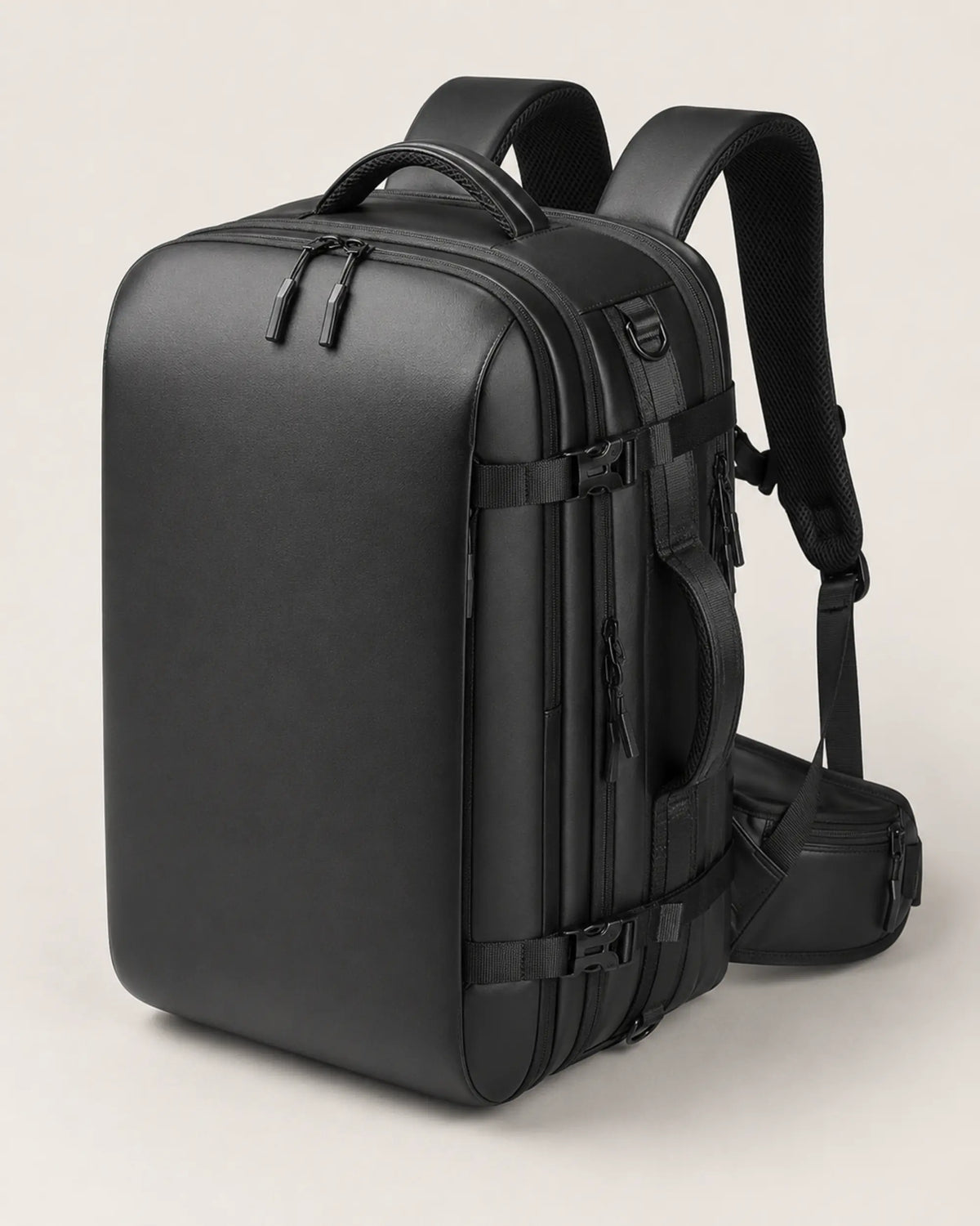 Black business travel backpack viewed from above with carry handle and zipper tracks
