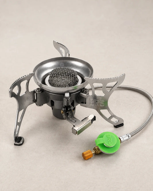 BRS-15 portable windproof camping stove in silver with braided hose, green regulator and storage case