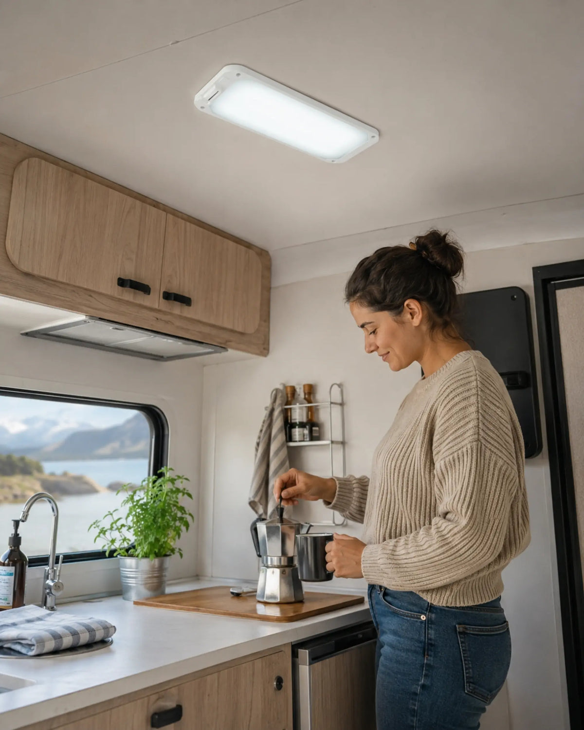 Cool white RV ceiling light illuminating a camper kitchen during coffee preparation