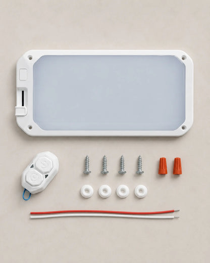 Dimmable RV ceiling light with remote, mounting screws, caps, wire nuts and power leads