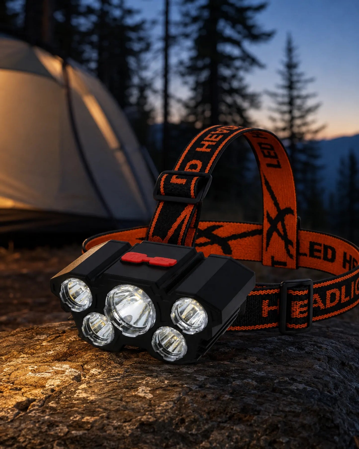 T21 Style A rechargeable headlamp beside a forest campsite at twilight