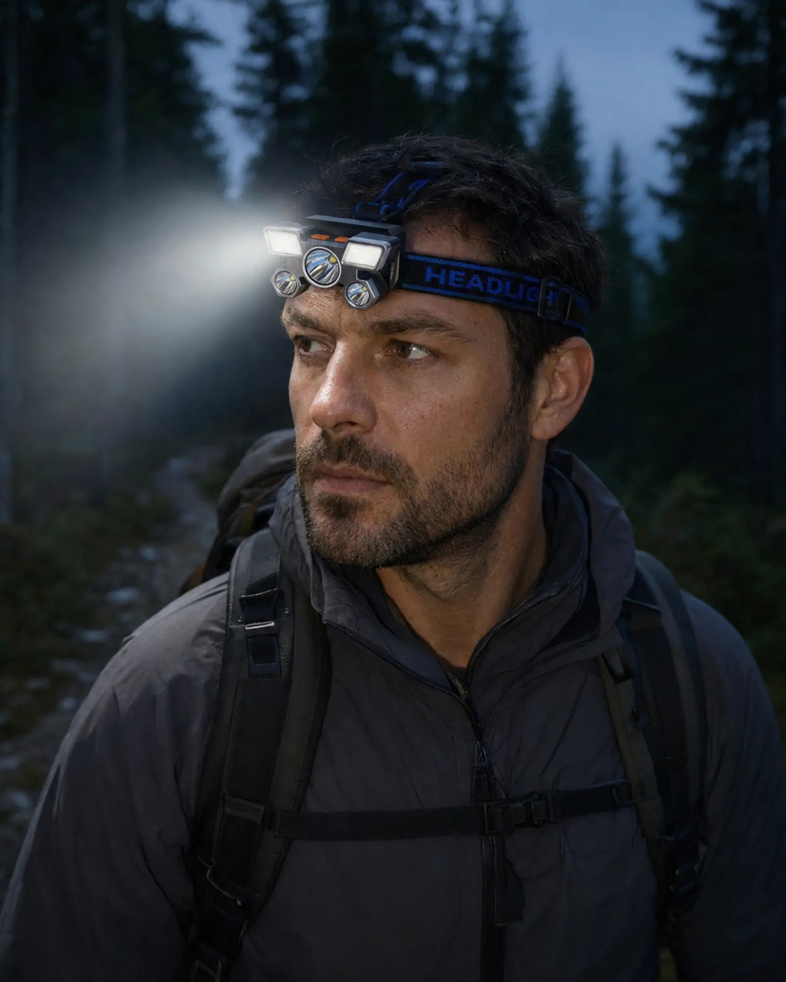 Hiker wearing T21 Style B rechargeable headlamp on a forest trail