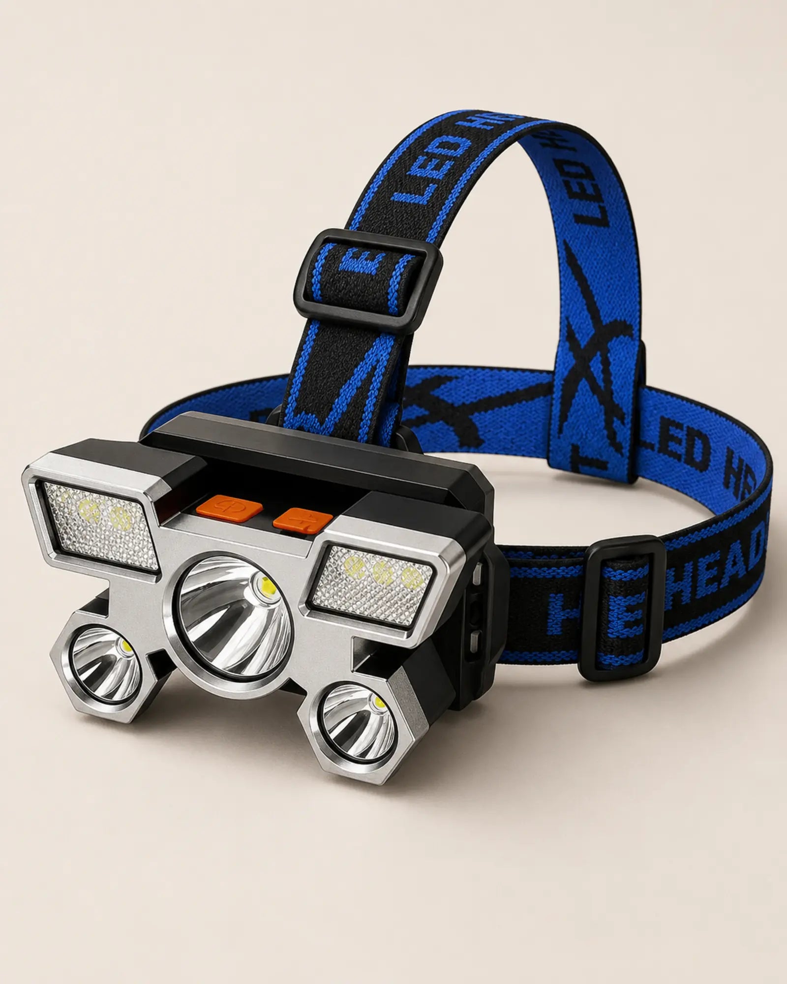 Right angle view of T21 Style B five LED headlamp with blue straps