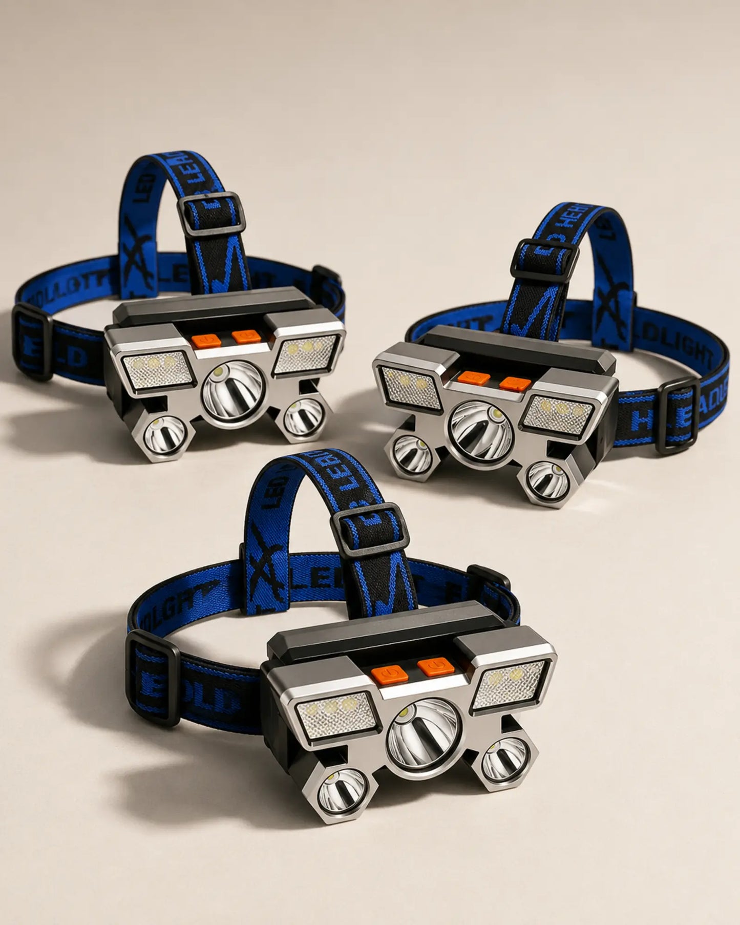 Three T21 Style B rechargeable headlamps with matching blue adjustable straps