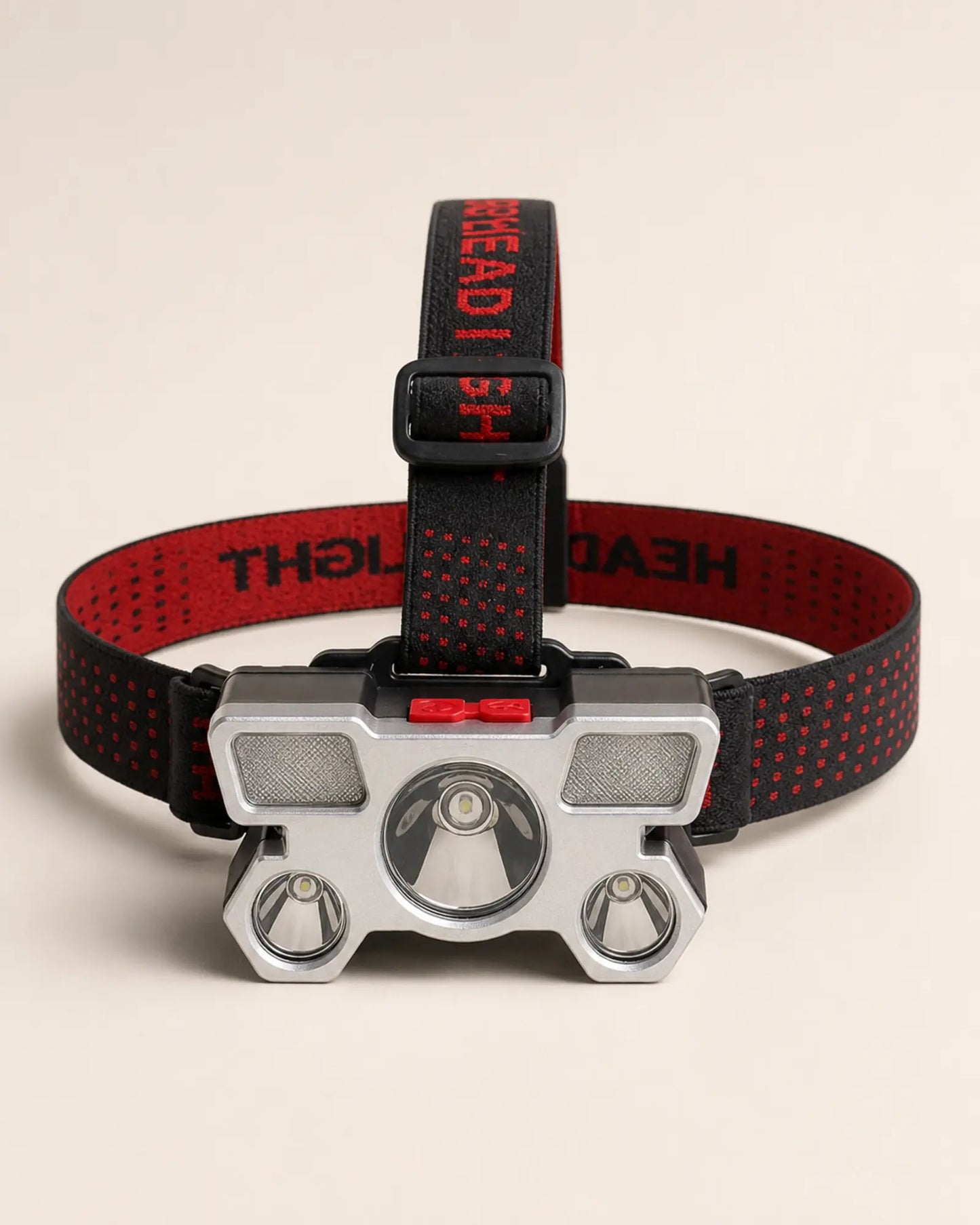 T21 Style C ESMARTER rechargeable headlamp with silver housing and red straps