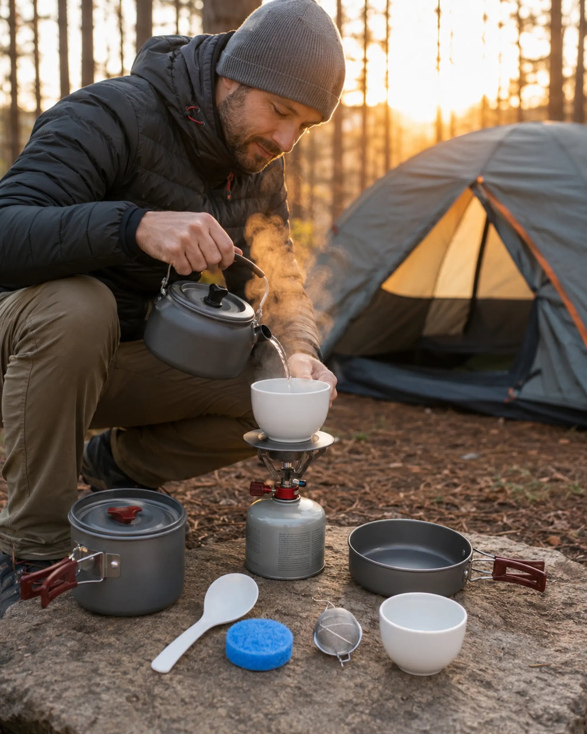 Camper pouring hot water from the Fire-Maple package 204 kettle