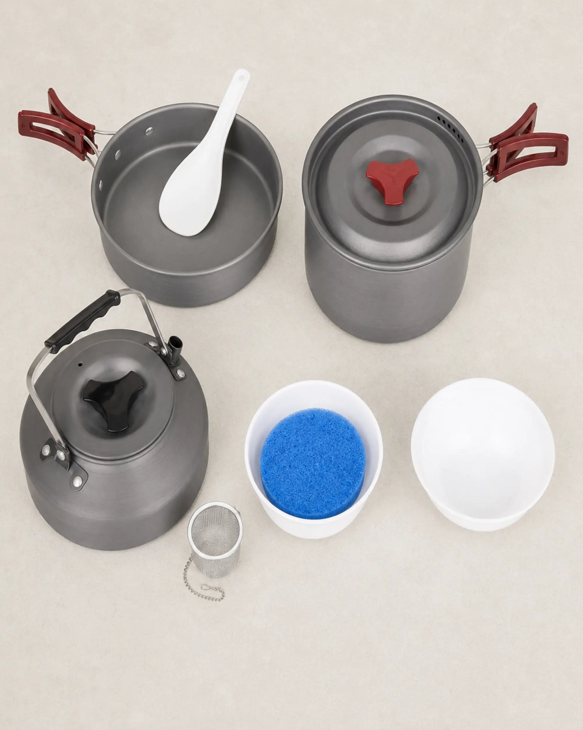 Top-down view of Fire-Maple package 204 pot, pan, kettle and accessories