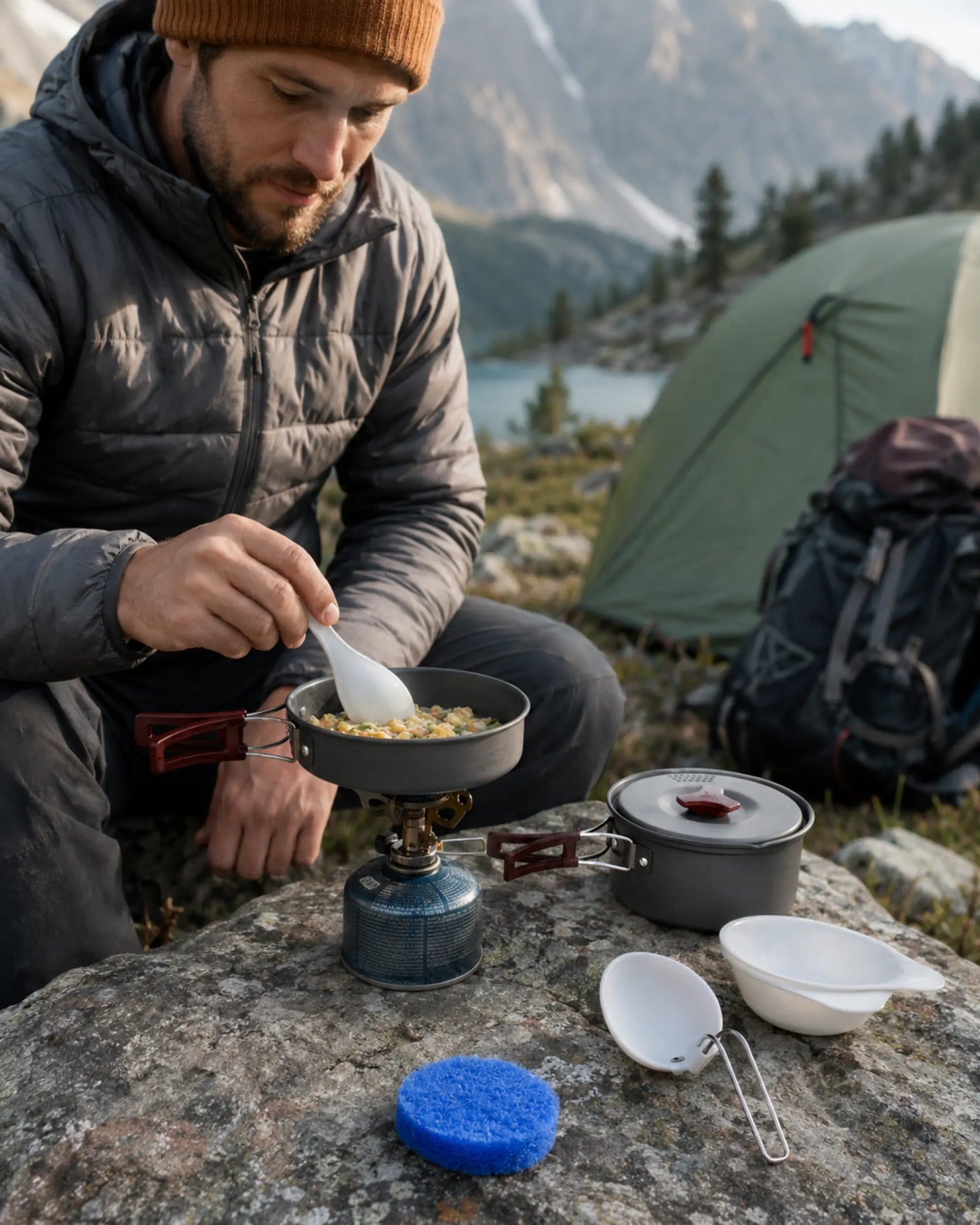 Backpacker cooking with Fire-Maple package 203 at a mountain campsite