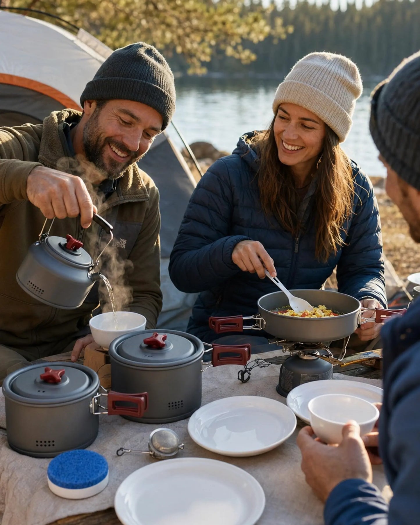 Group cooking with Fire-Maple package 209 cookware at a lakeside campsite