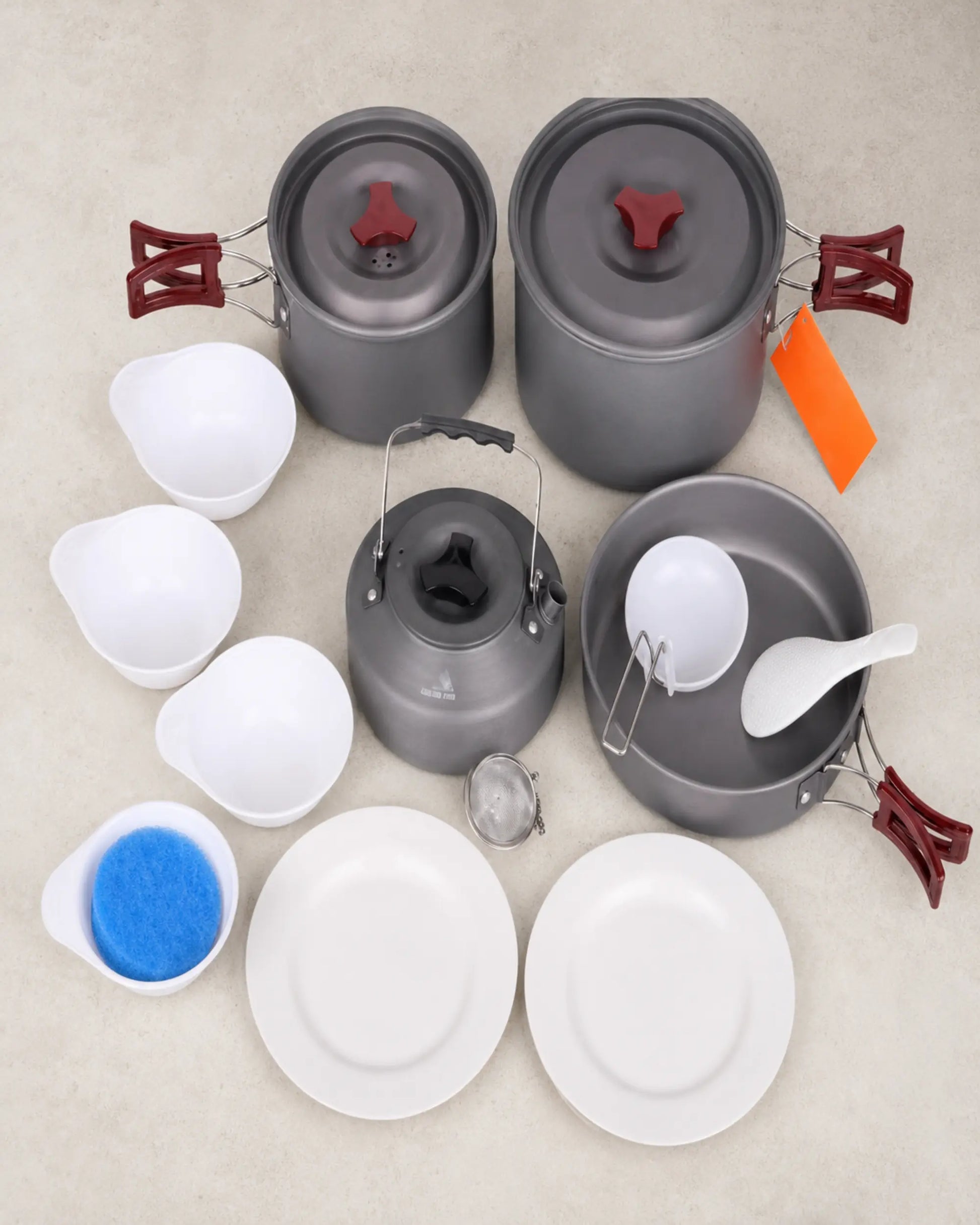 Top-down view of Fire-Maple package 209 family cookware and tableware