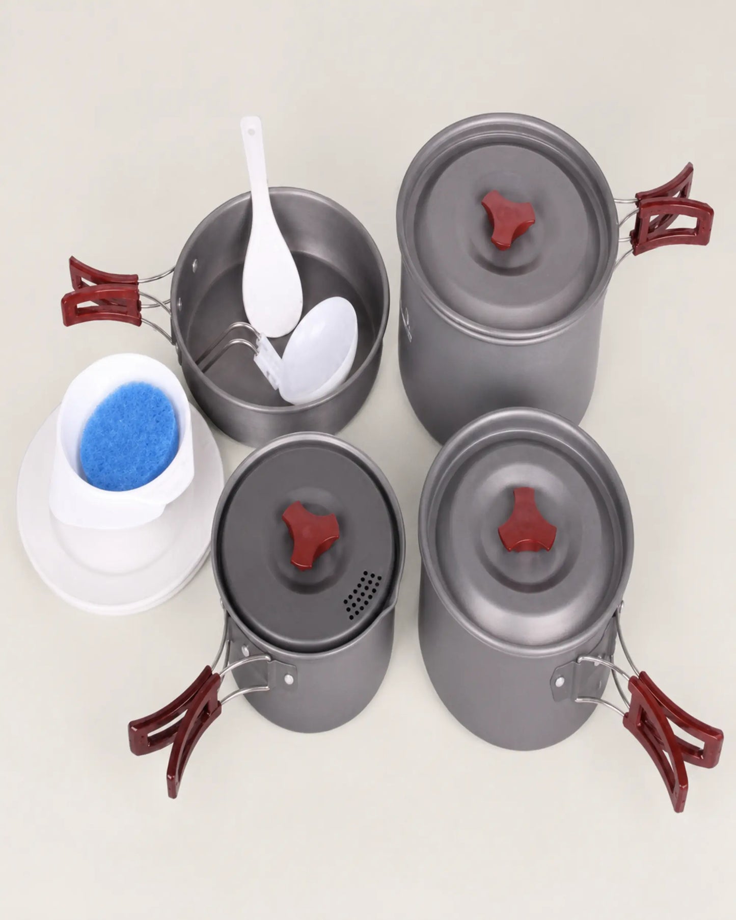 Top-down view of Fire-Maple package 206 three-pot camping cookware