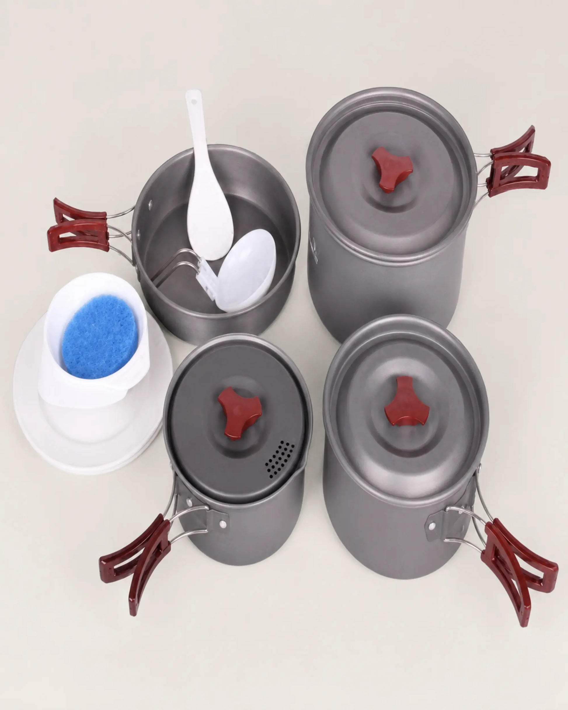 Top-down view of Fire-Maple package 206 three-pot camping cookware