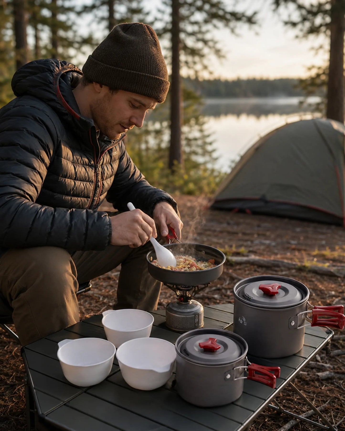 Camper cooking with Fire-Maple package 202 cookware beside a forest lake