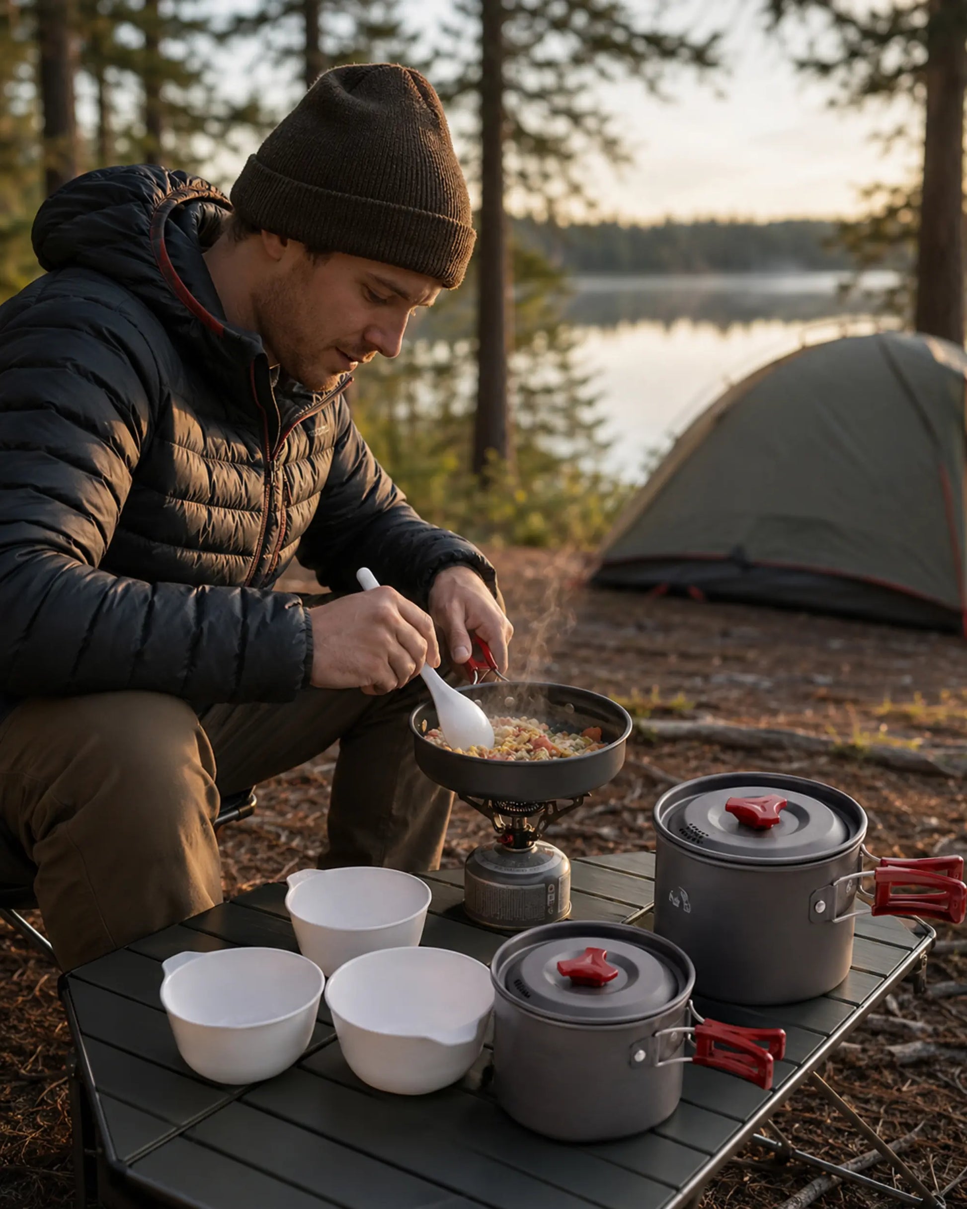 Camper cooking with Fire-Maple package 202 cookware beside a forest lake