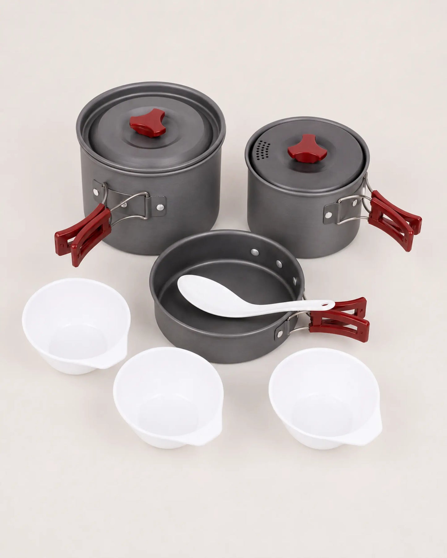 Rear view of Fire-Maple package 202 cookware and folding handles