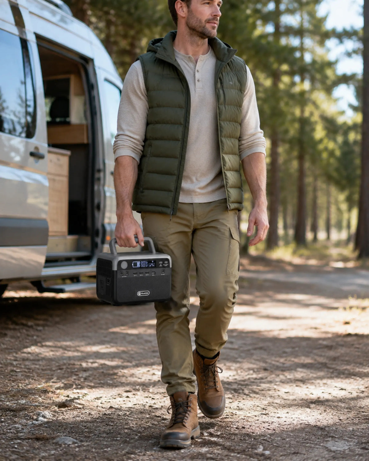 Camper carrying FlashFish portable power station beside a van