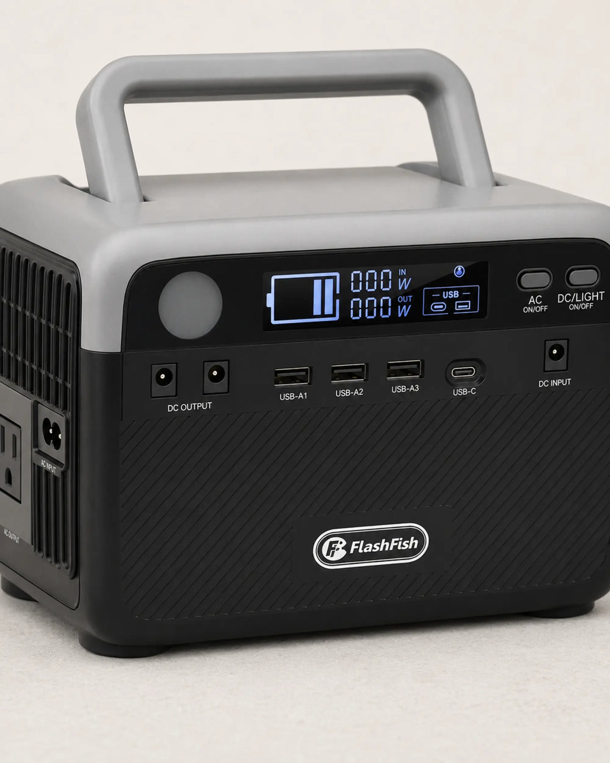 Close detail of FlashFish power station display USB ports and controls