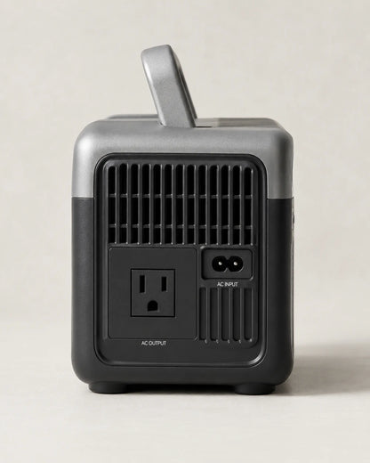 Left side of FlashFish portable power station showing grille and AC connections