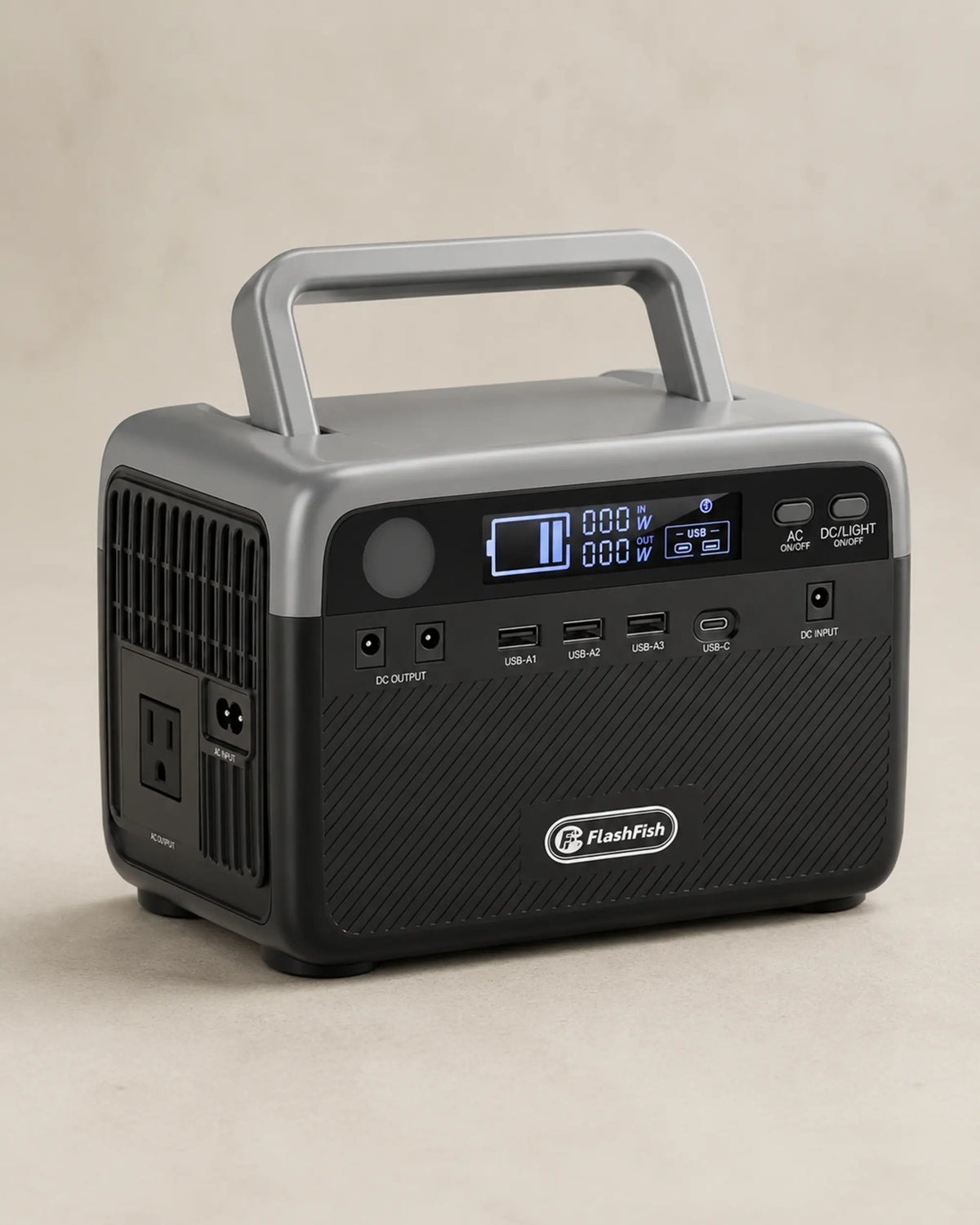 FlashFish 230.4Wh portable power station viewed from the front left