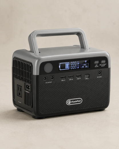 FlashFish 230.4Wh portable power station viewed from the front left