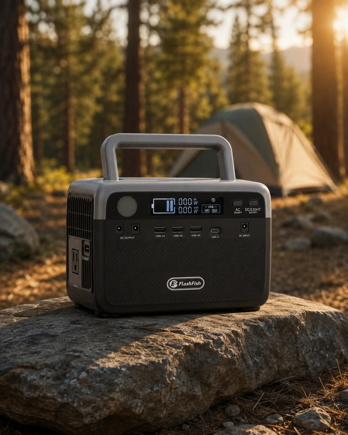 FlashFish portable power station on a rock at a forest campsite