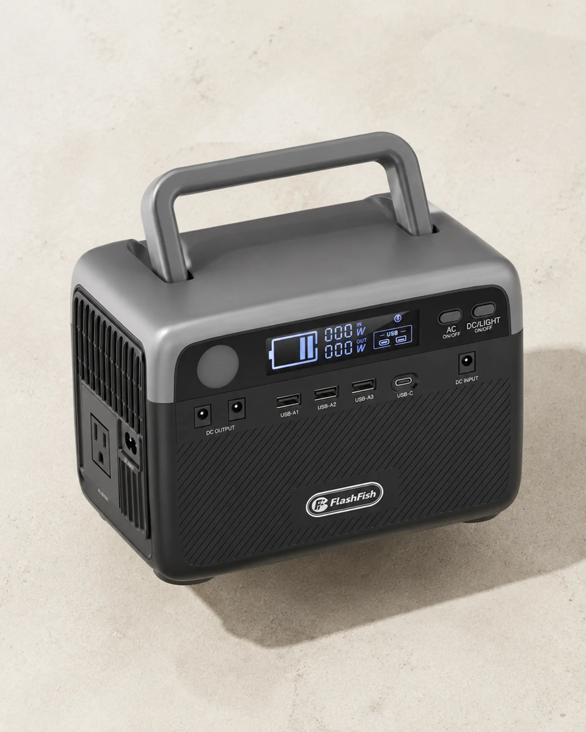 Overhead flat lay of FlashFish portable power station with raised handle