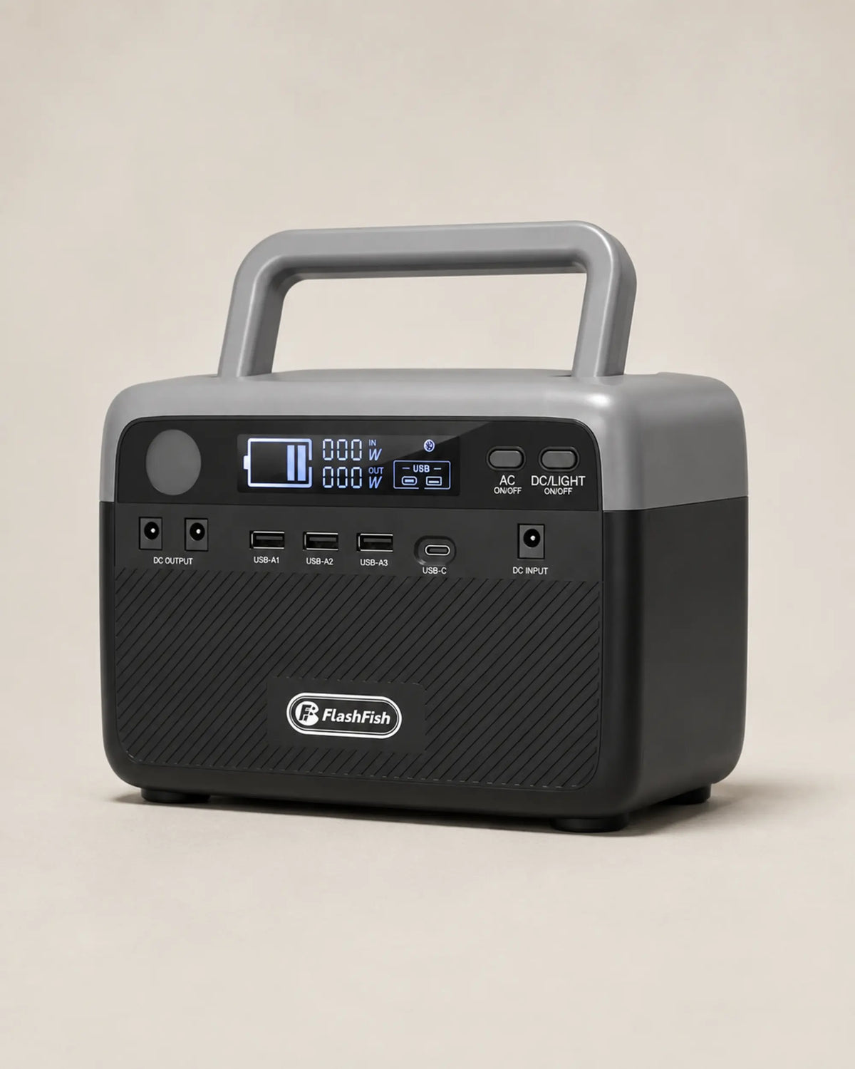FlashFish 230.4Wh portable power station viewed from the front right