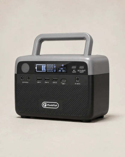 FlashFish 230.4Wh portable power station viewed from the front right