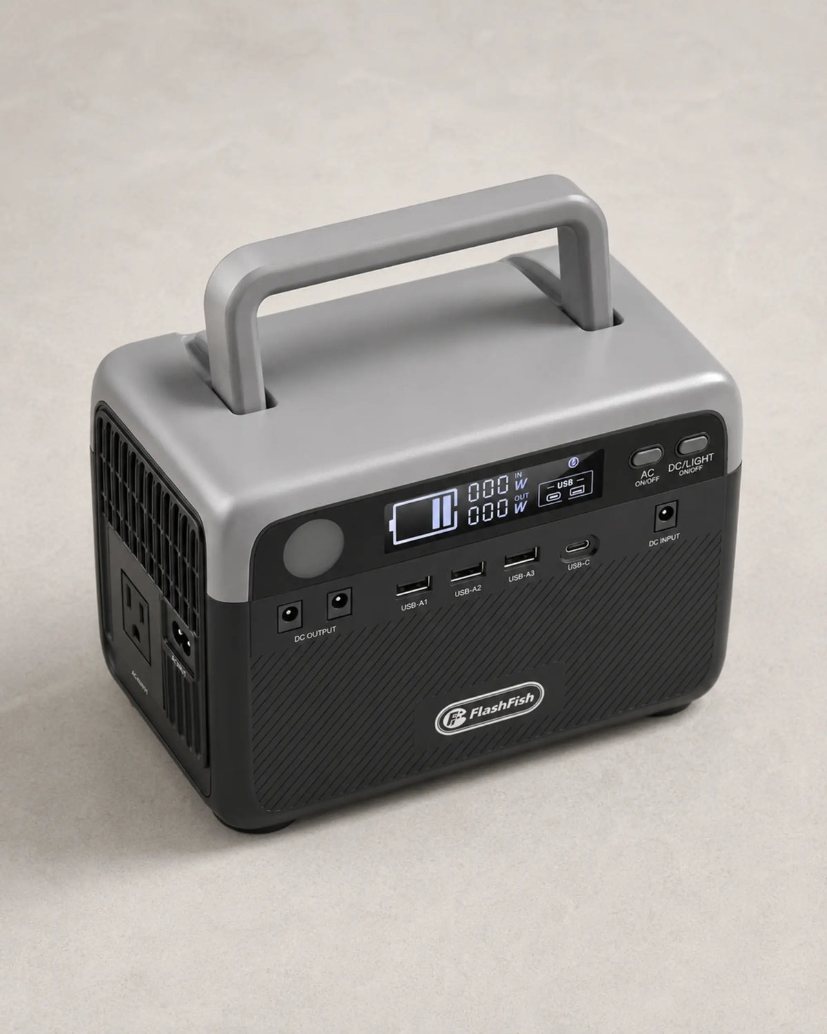 Elevated view of FlashFish portable power station handle and control panel