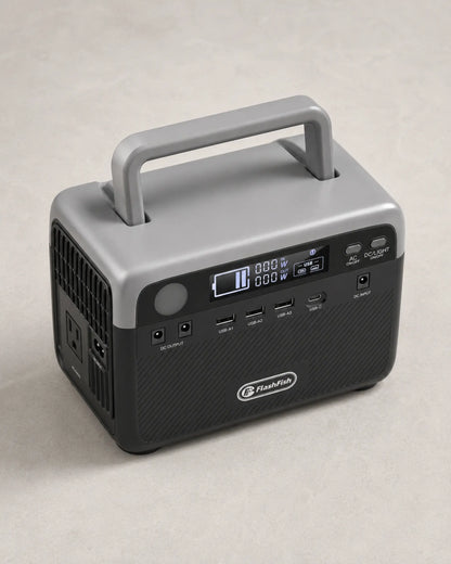 Elevated view of FlashFish portable power station handle and control panel
