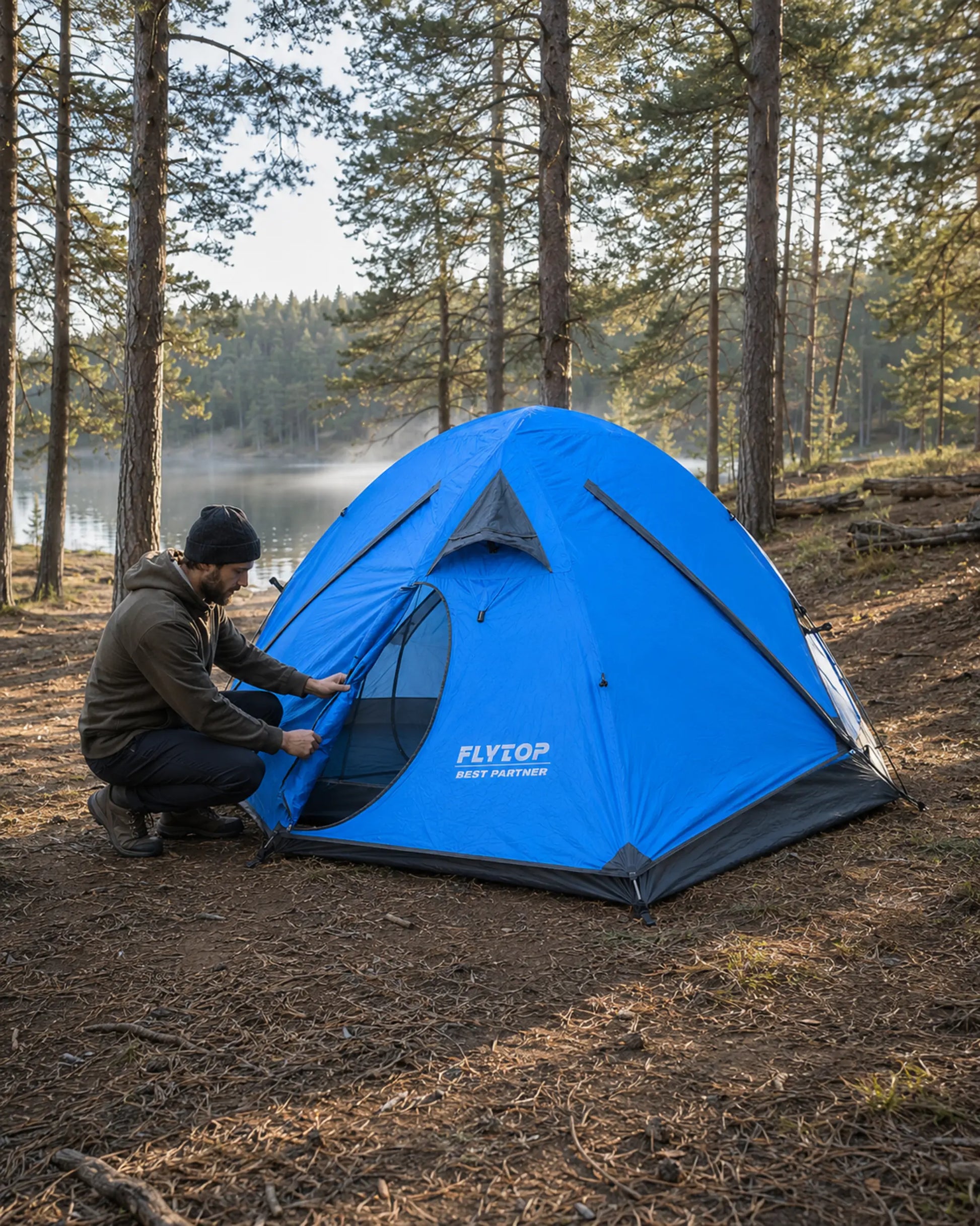 Camper opening a FLYTOP blue waterproof tent beside a forest lake