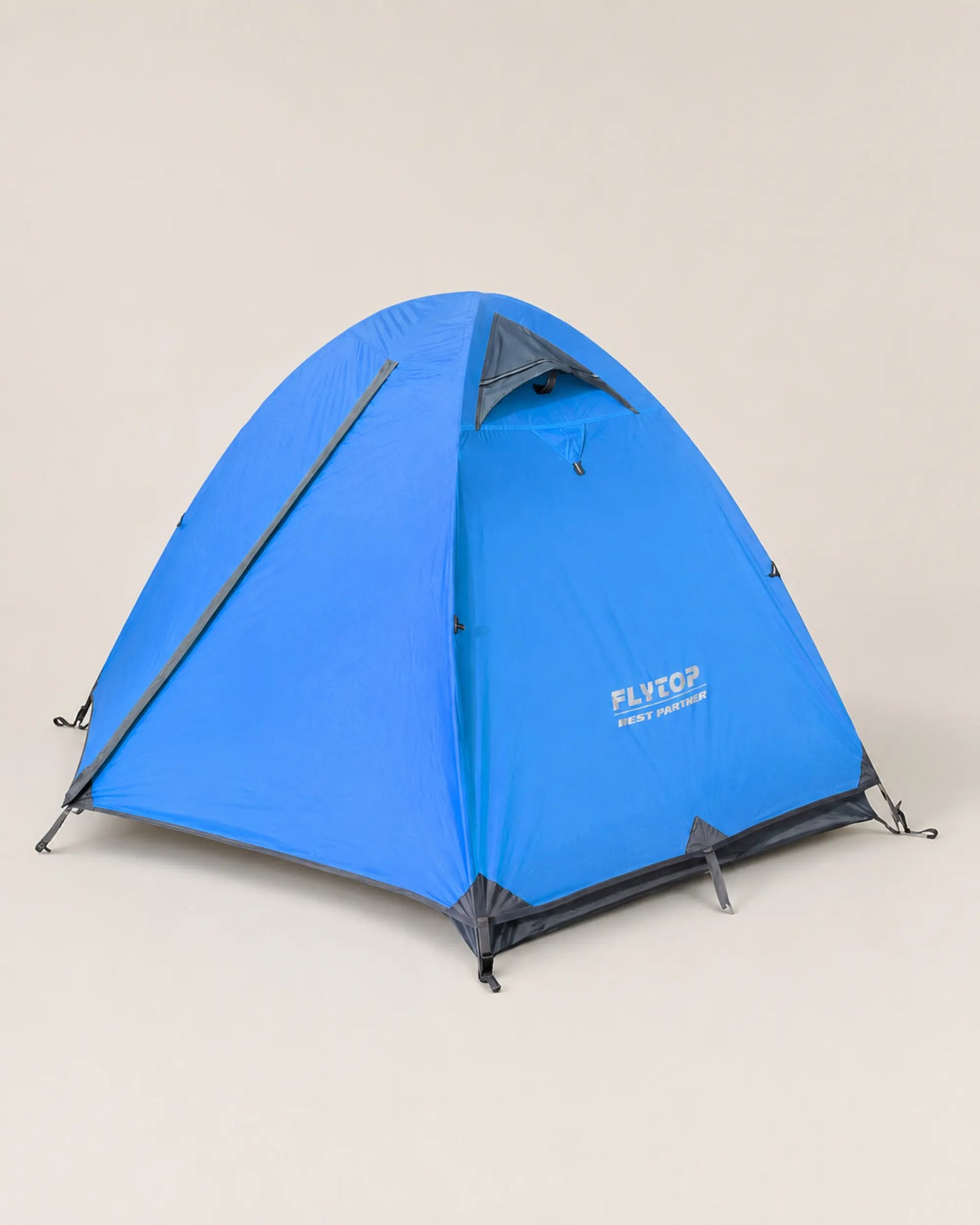 FLYTOP blue two-person waterproof camping tent with gray trim, front hero view