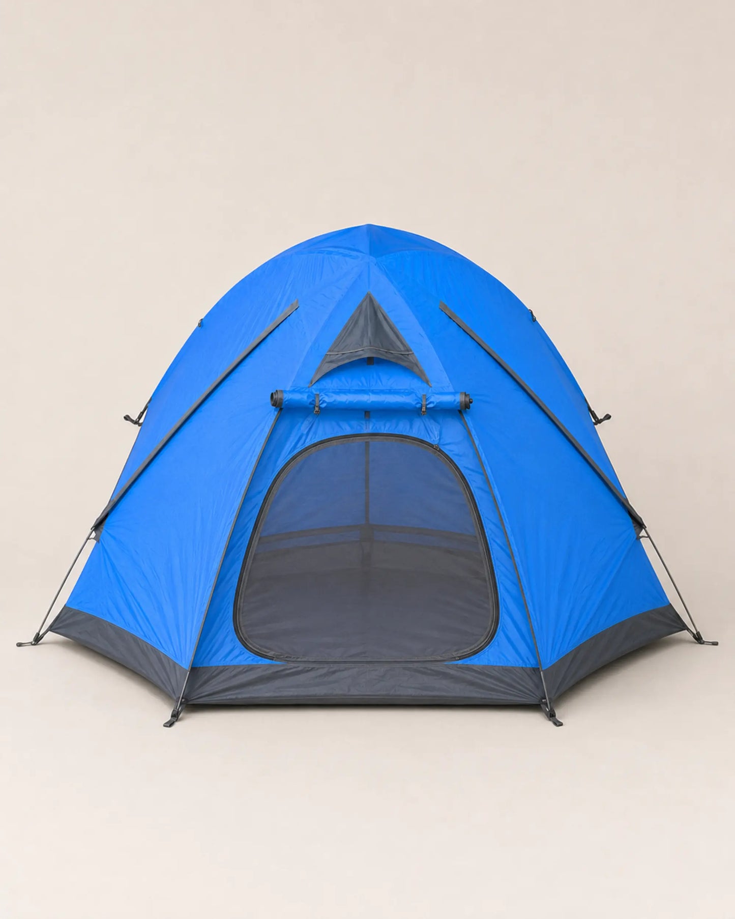 FLYTOP blue two-person tent with mesh entrance opened for ventilation
