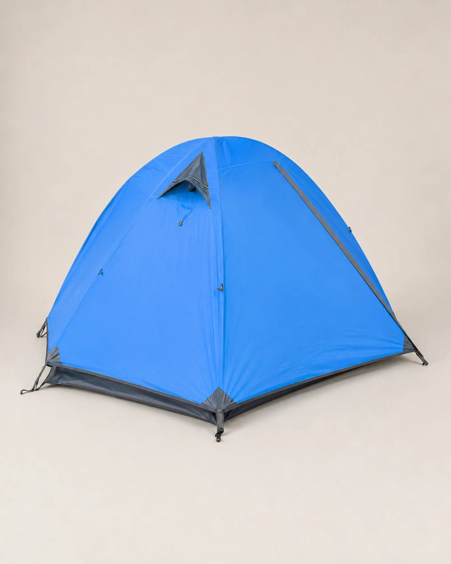 Rear view of FLYTOP blue two-person waterproof tent with reinforced gray base