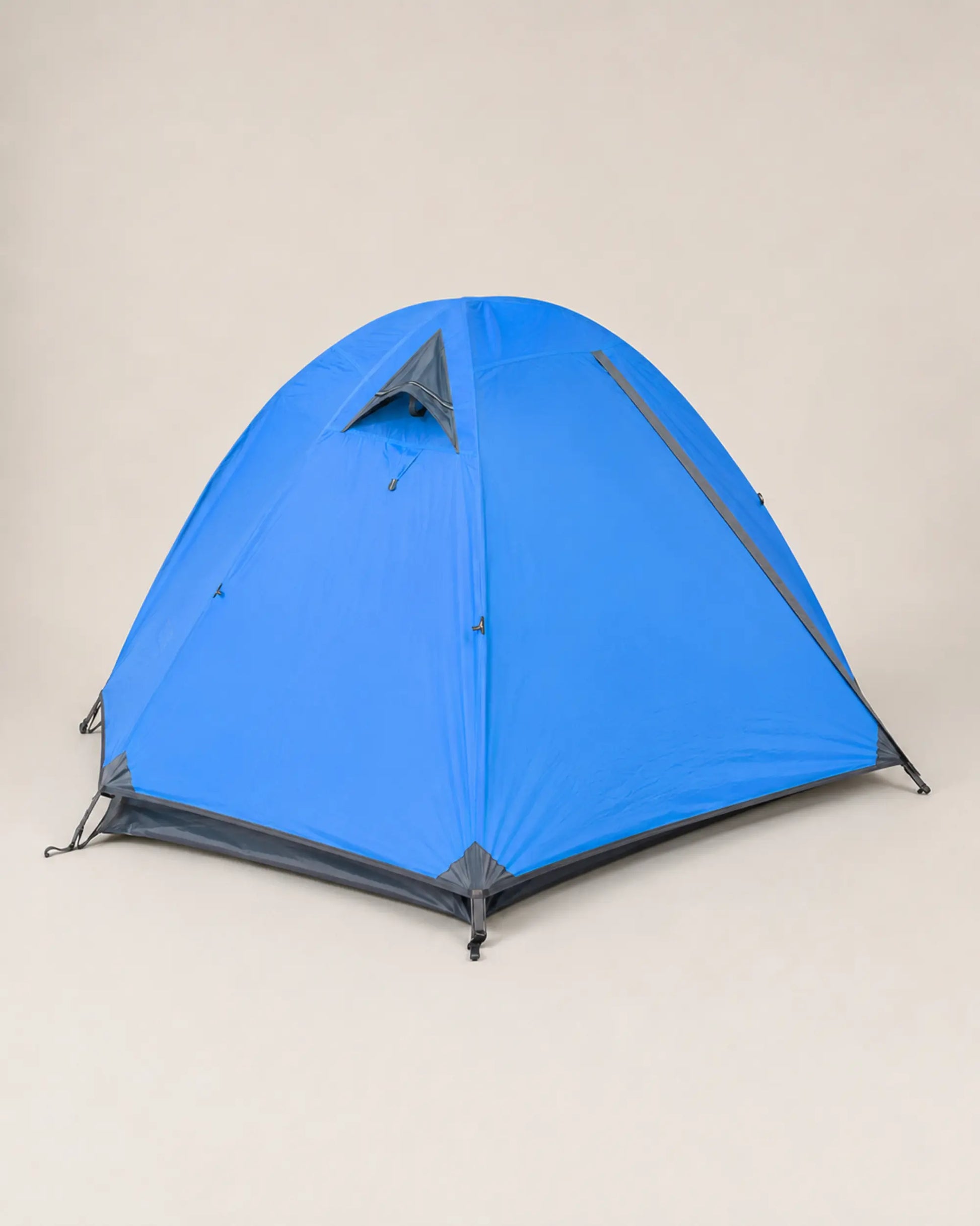 Rear view of FLYTOP blue two-person waterproof tent with reinforced gray base